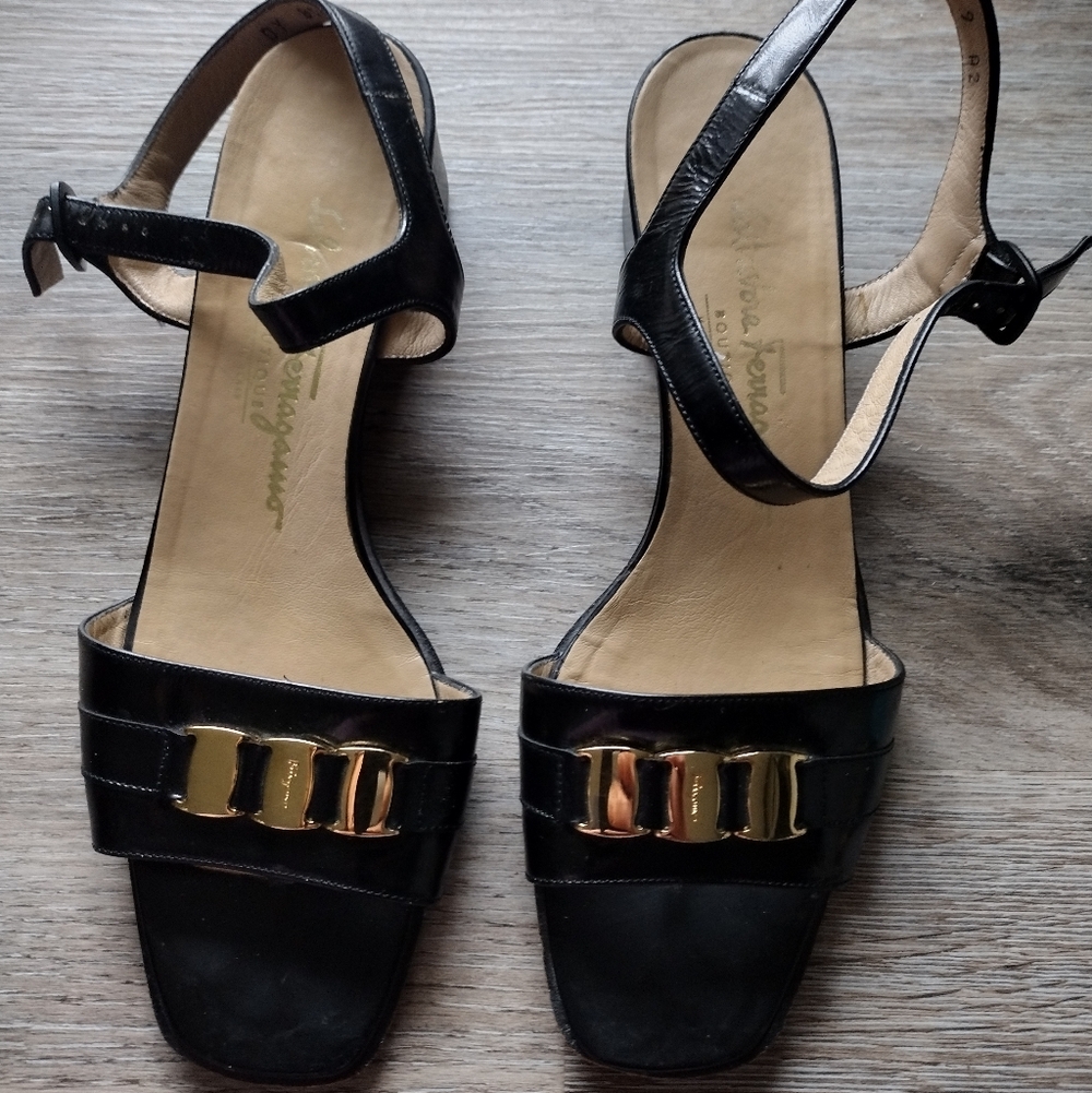 Black  Salvation Feragamo Leather Sandals with Gold Accents ,Size 9
